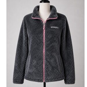 Columbia Fire Side II Sherpa Full Zip Fleece Jacket Grey Pink Girls L 14/16